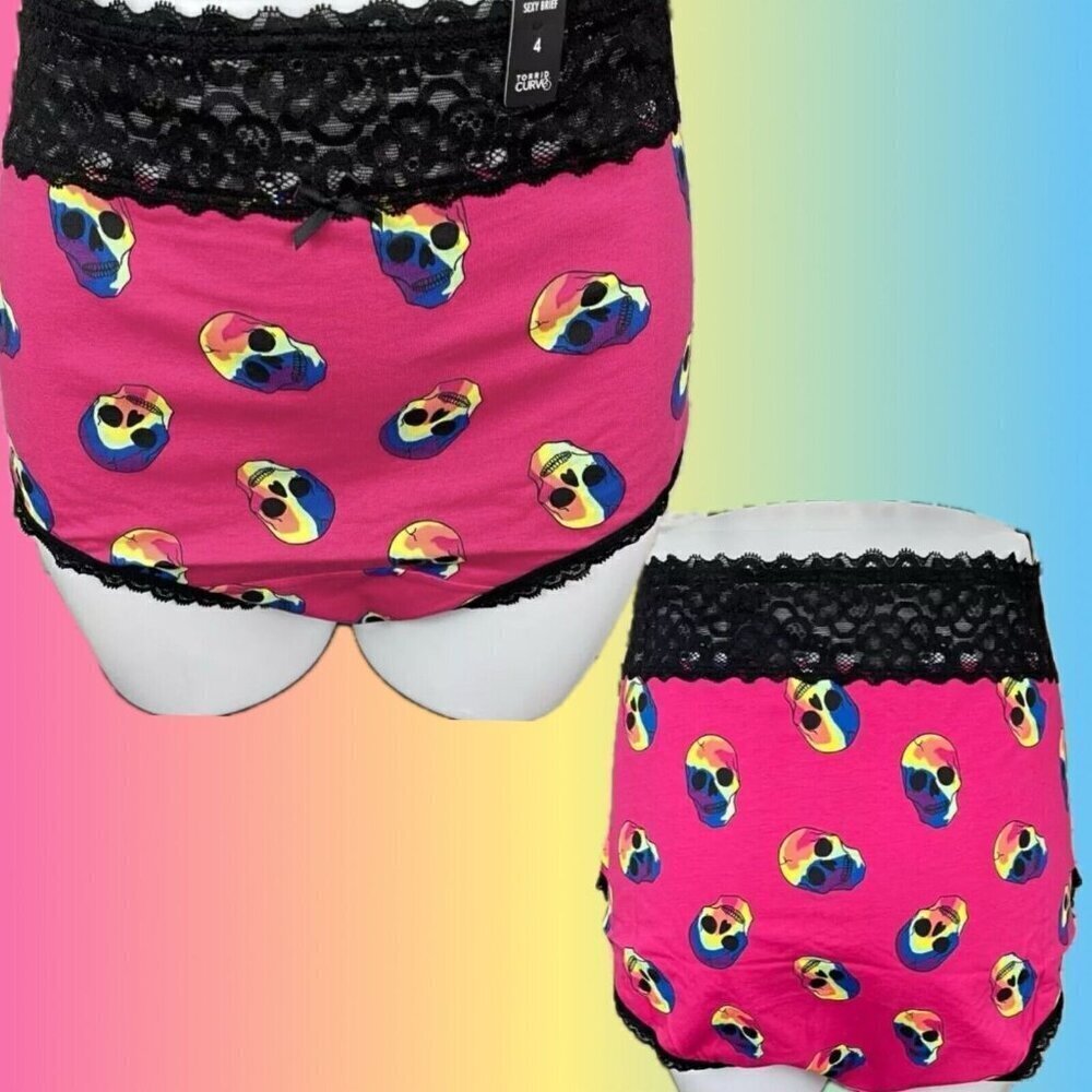 Torrid + 4 Fuchsia Neon Skull Print Scallop Black Lace Waistband Brief Panties